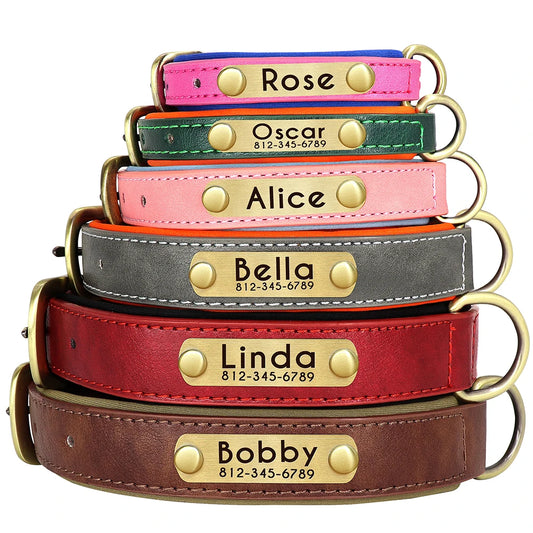 Personalized PU Leather Dog Collar – Custom Name Engraved, Soft Padded | XS–XL