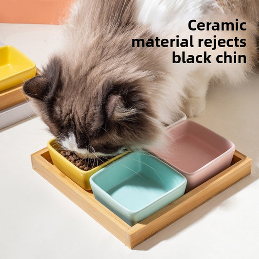 Square Ceramic Pet Bowl with Wooden Tray | Stylish Dog & Cat Feeder