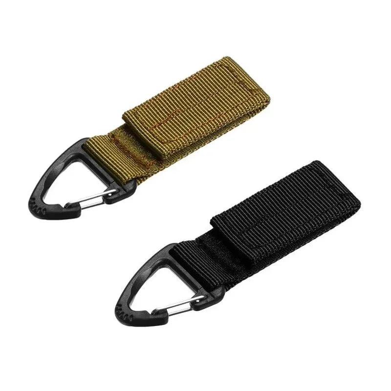 Tailwag Factory tactical MOLLE key hook clips in khaki and black with heavy-duty nylon webbing and carabiner buckles.