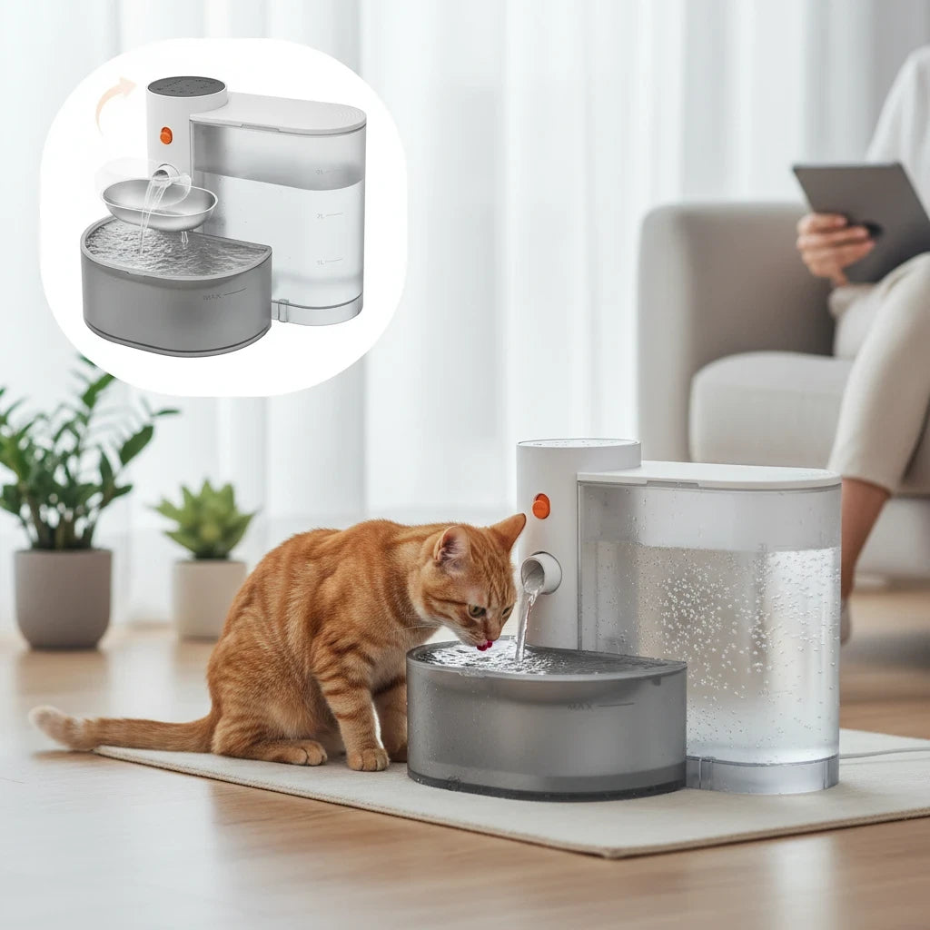 Tailwag Factory smart WiFi pet water fountain with stainless steel bowl and clear tank, used by an orange tabby cat.