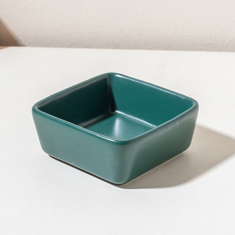 Square Ceramic Pet Bowl with Wooden Tray | Stylish Dog & Cat Feeder