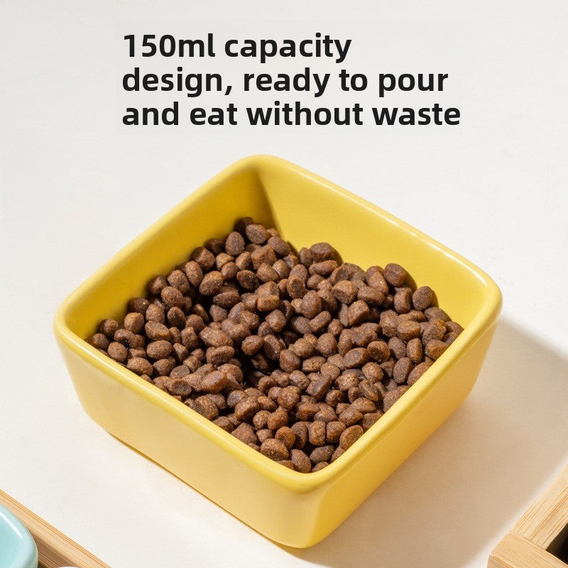 Square Ceramic Pet Bowl with Wooden Tray | Stylish Dog & Cat Feeder