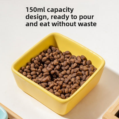 Square Ceramic Pet Bowl with Wooden Tray | Stylish Dog & Cat Feeder