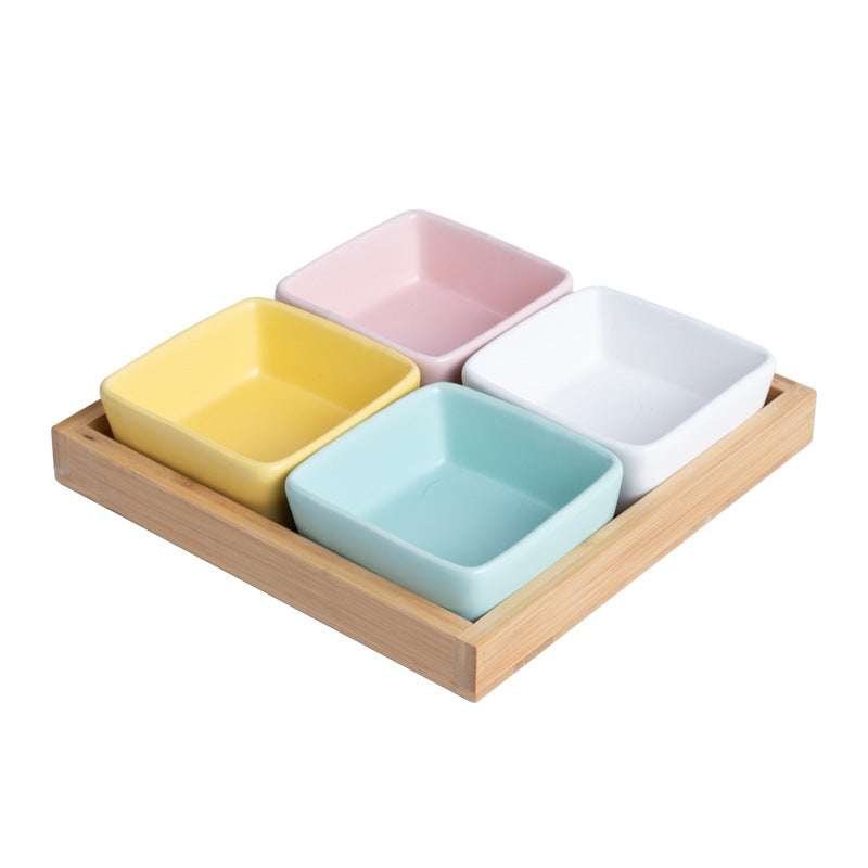 Square Ceramic Pet Bowl with Wooden Tray | Stylish Dog & Cat Feeder