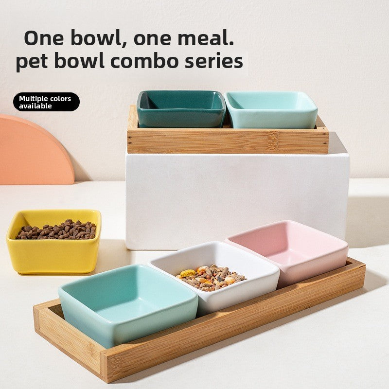 Square Ceramic Pet Bowl with Wooden Tray | Stylish Dog & Cat Feeder