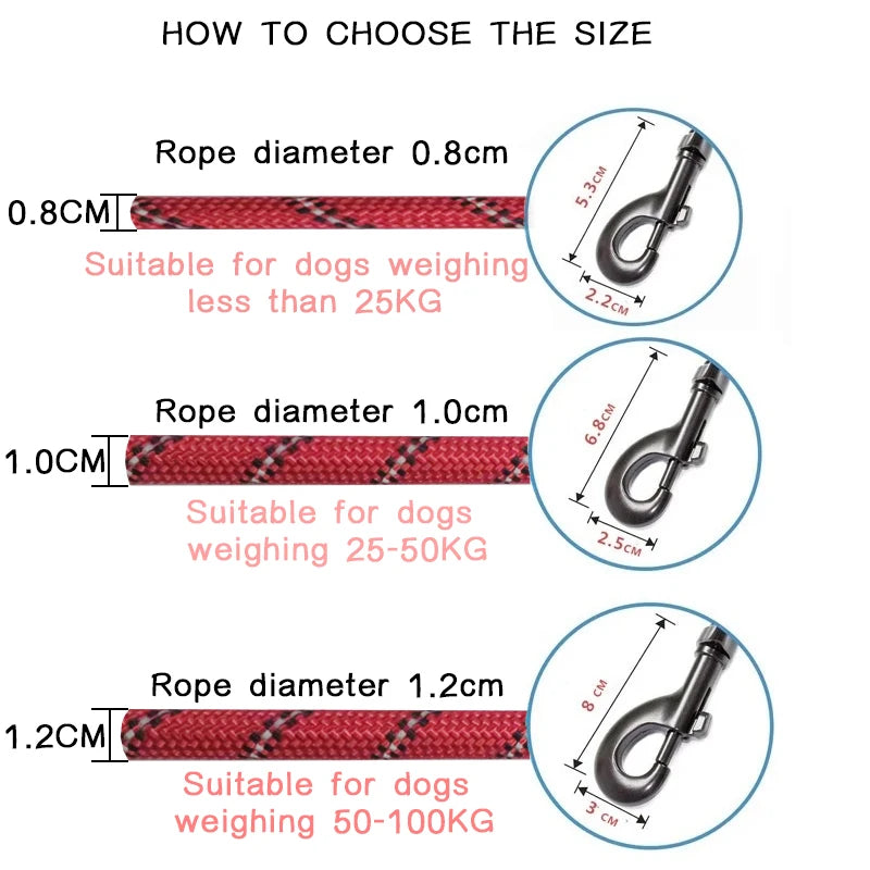 Reflective Dog Leash with Padded Foam Grip | 0.8cm–1.2cm Rope | 120–300cm