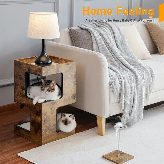 Modern Wood Cat Condo & Bedside Table – Space-Saving Cat Tree with Scratching Pad