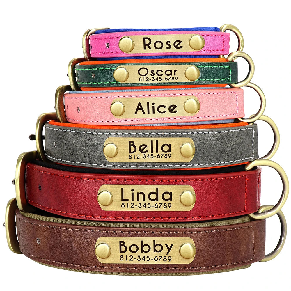 Personalized PU Leather Dog Collar – Custom Name Engraved, Soft Padded | XS–XL