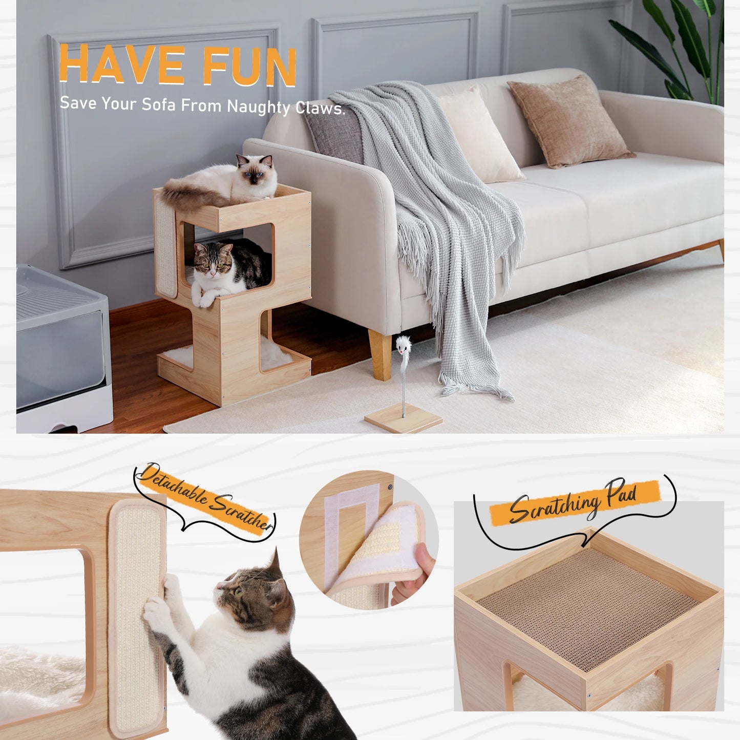Modern Wood Cat Condo & Bedside Table – Space-Saving Cat Tree with Scratching Pad