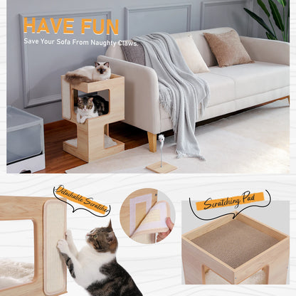 Modern Wood Cat Condo & Bedside Table – Space-Saving Cat Tree with Scratching Pad