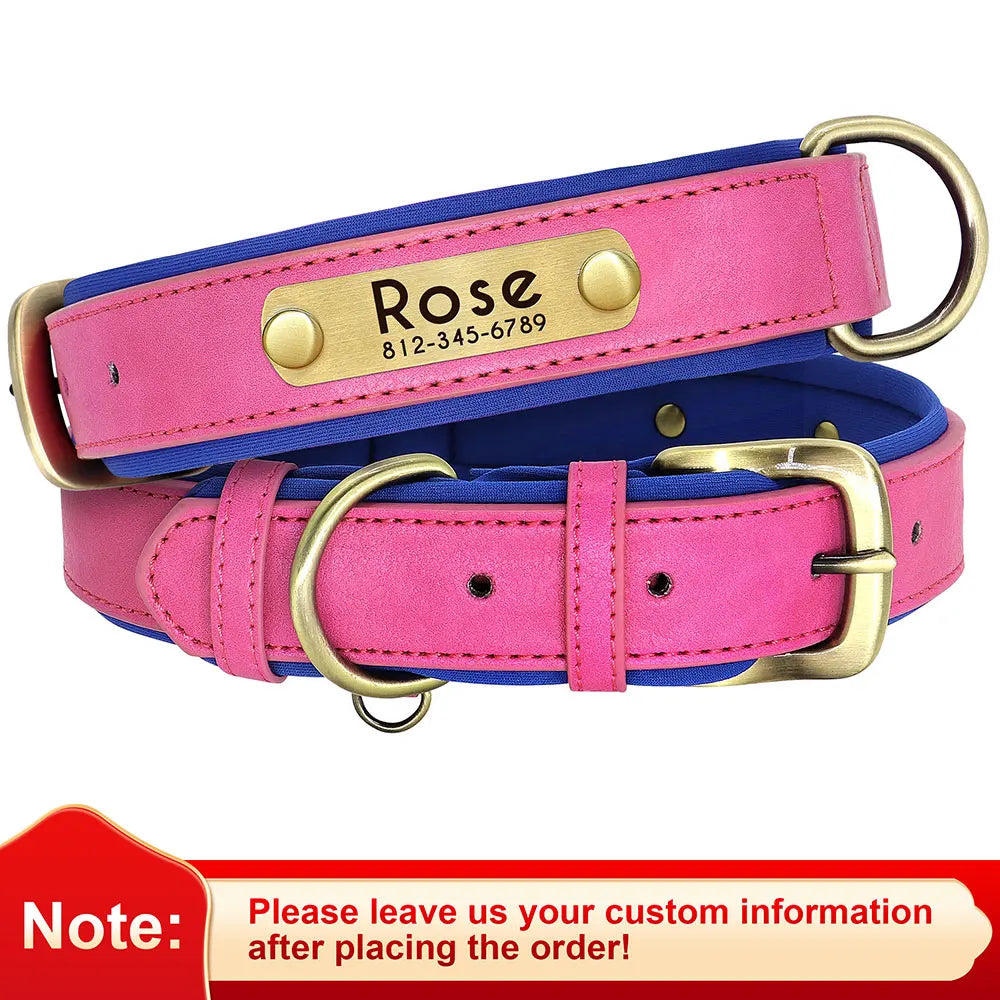 Personalized PU Leather Dog Collar – Custom Name Engraved, Soft Padded | XS–XL