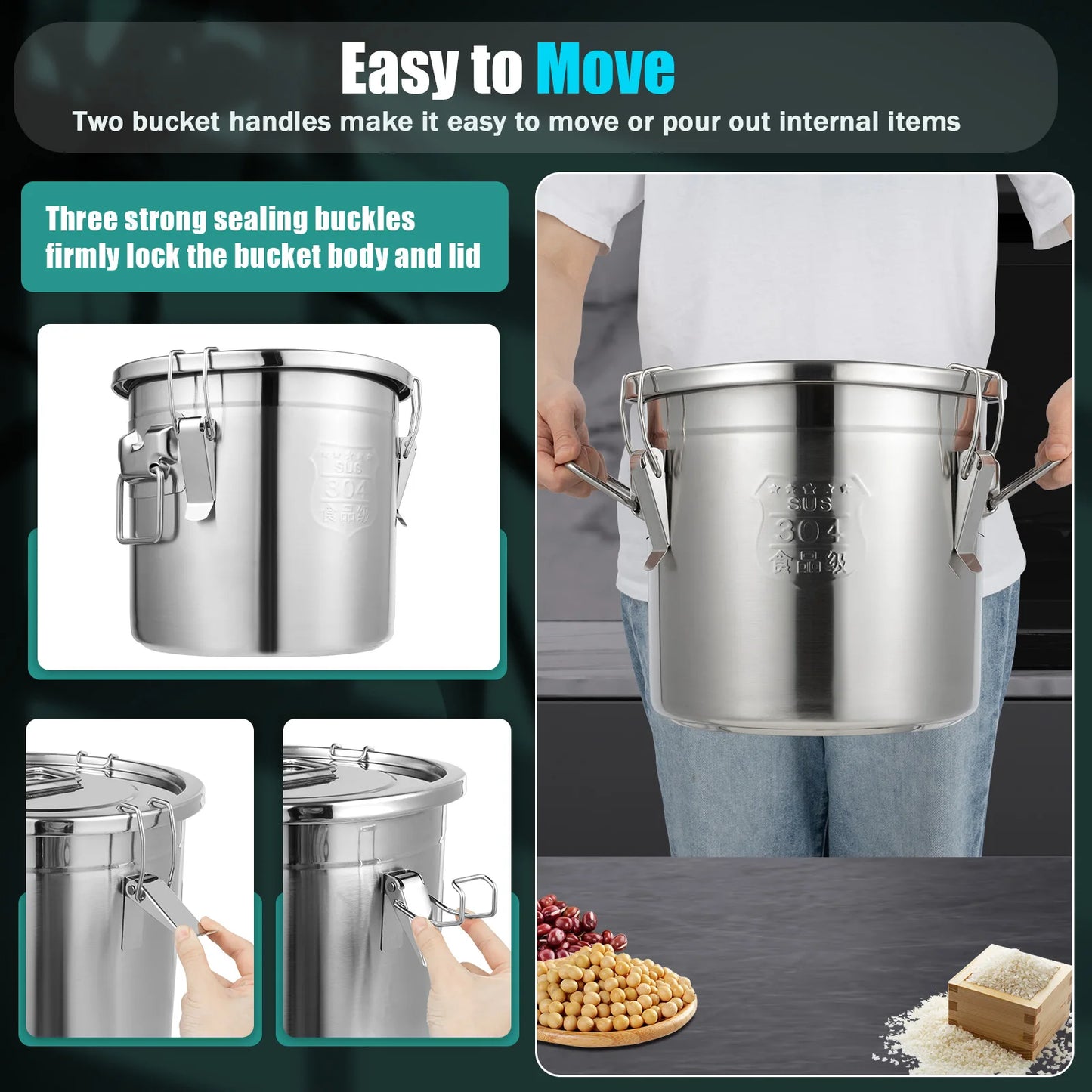 12L Stainless Steel Airtight Storage Bucket — German Crafted, Built to Last