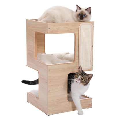 Modern Wood Cat Condo & Bedside Table – Space-Saving Cat Tree with Scratching Pad