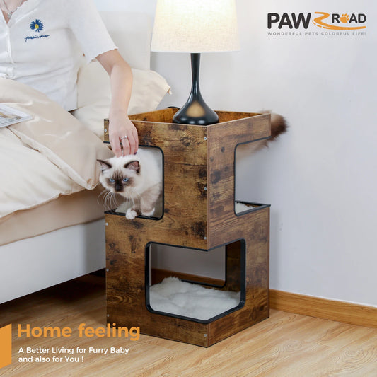 Modern Wood Cat Condo & Bedside Table – Space-Saving Cat Tree with Scratching Pad