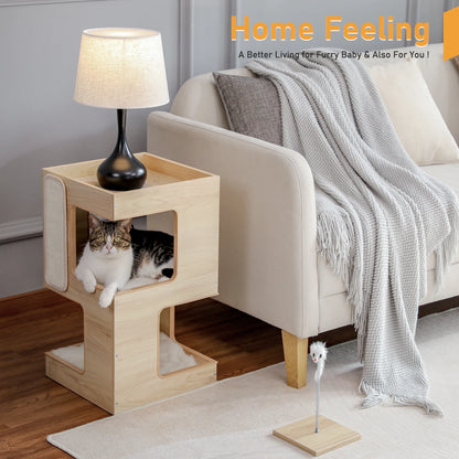 Modern Wood Cat Condo & Bedside Table – Space-Saving Cat Tree with Scratching Pad