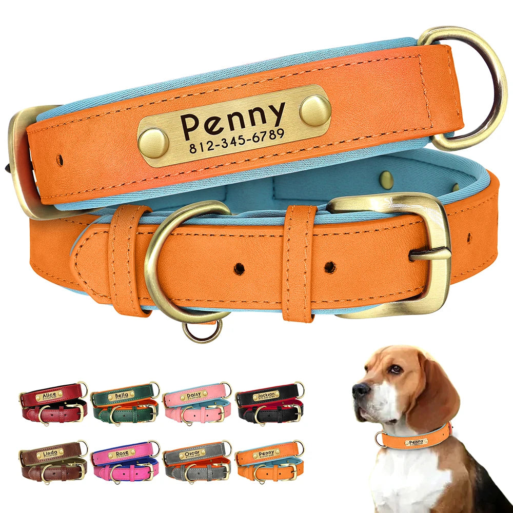 Personalized PU Leather Dog Collar – Custom Name Engraved, Soft Padded | XS–XL