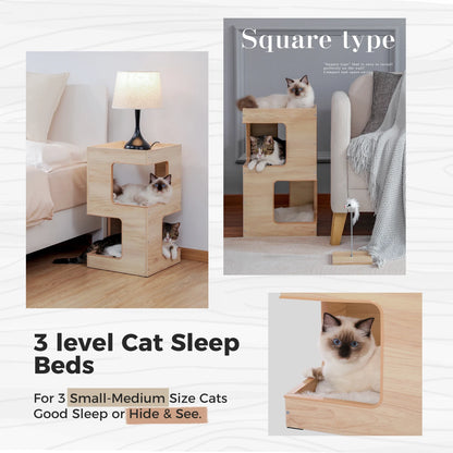 Modern Wood Cat Condo & Bedside Table – Space-Saving Cat Tree with Scratching Pad