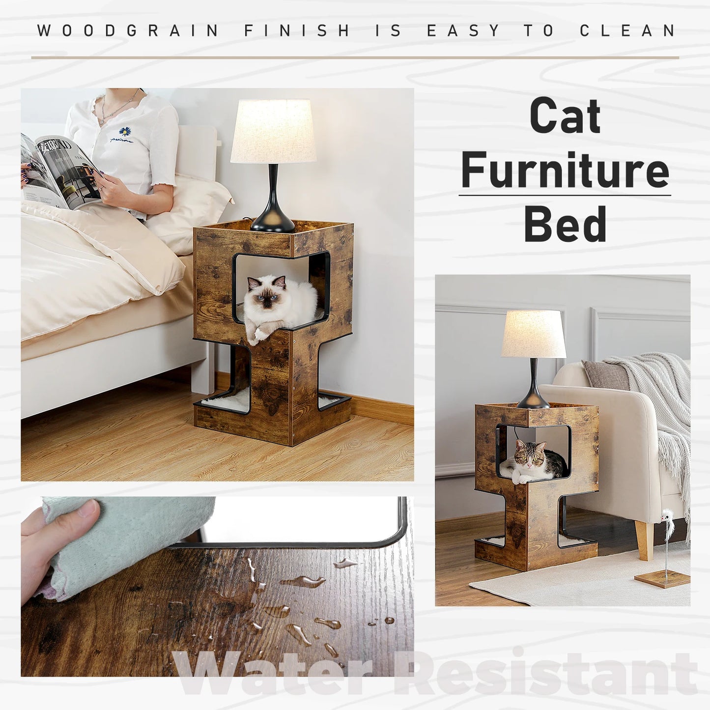Modern Wood Cat Condo & Bedside Table – Space-Saving Cat Tree with Scratching Pad
