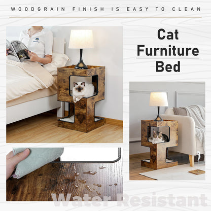 Modern Wood Cat Condo & Bedside Table – Space-Saving Cat Tree with Scratching Pad