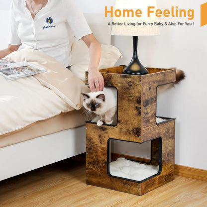 Modern Wood Cat Condo & Bedside Table – Space-Saving Cat Tree with Scratching Pad