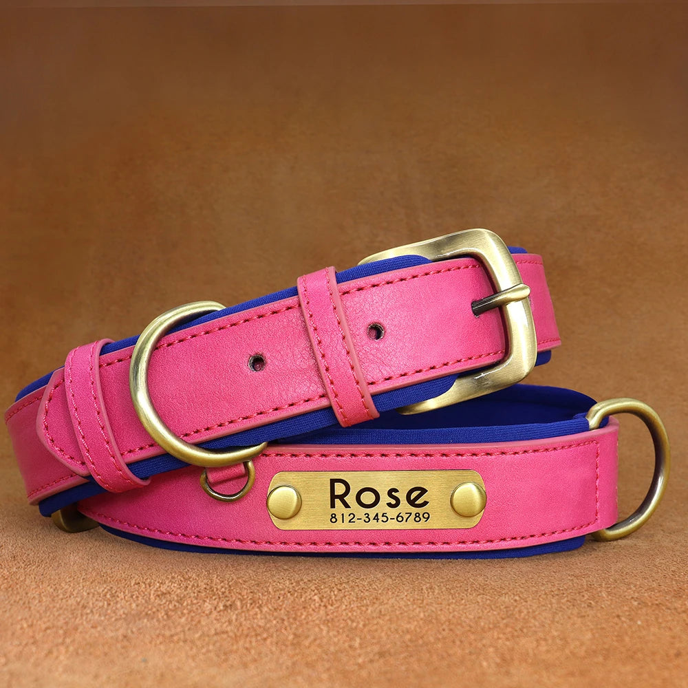 Personalized PU Leather Dog Collar – Custom Name Engraved, Soft Padded | XS–XL