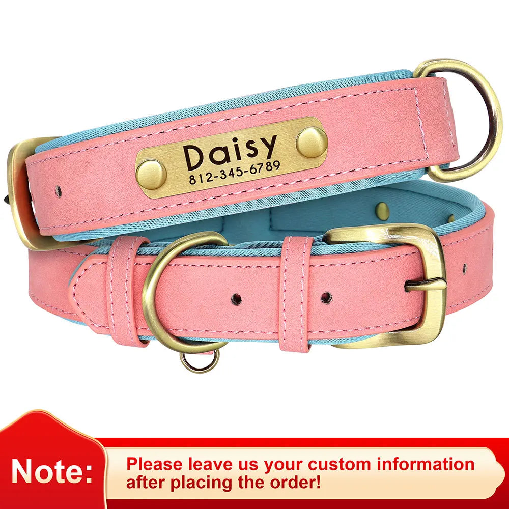 Personalized PU Leather Dog Collar – Custom Name Engraved, Soft Padded | XS–XL