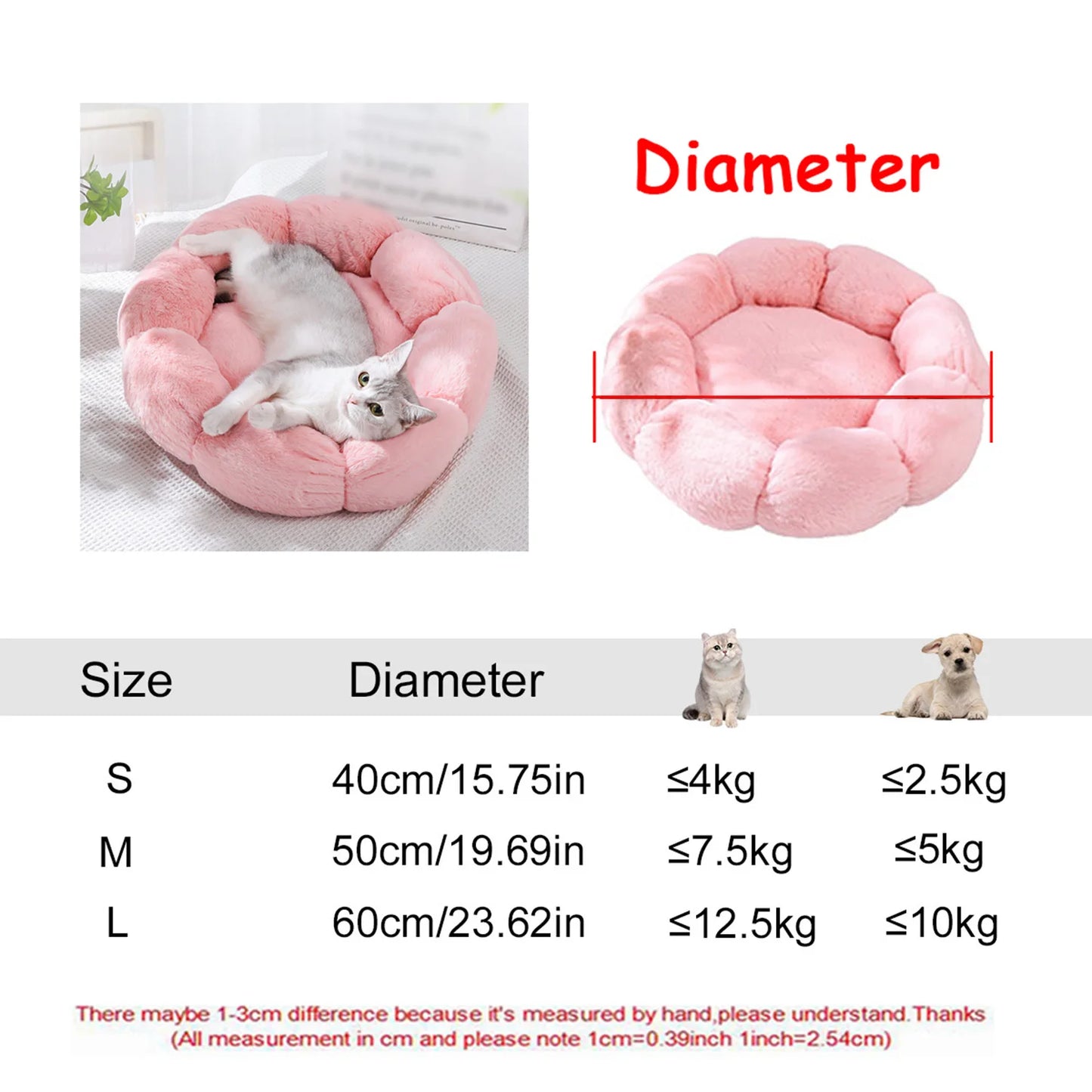 Plush Round Pet Bed – Washable Dog & Cat Basket (40–90cm, 21 Colors)