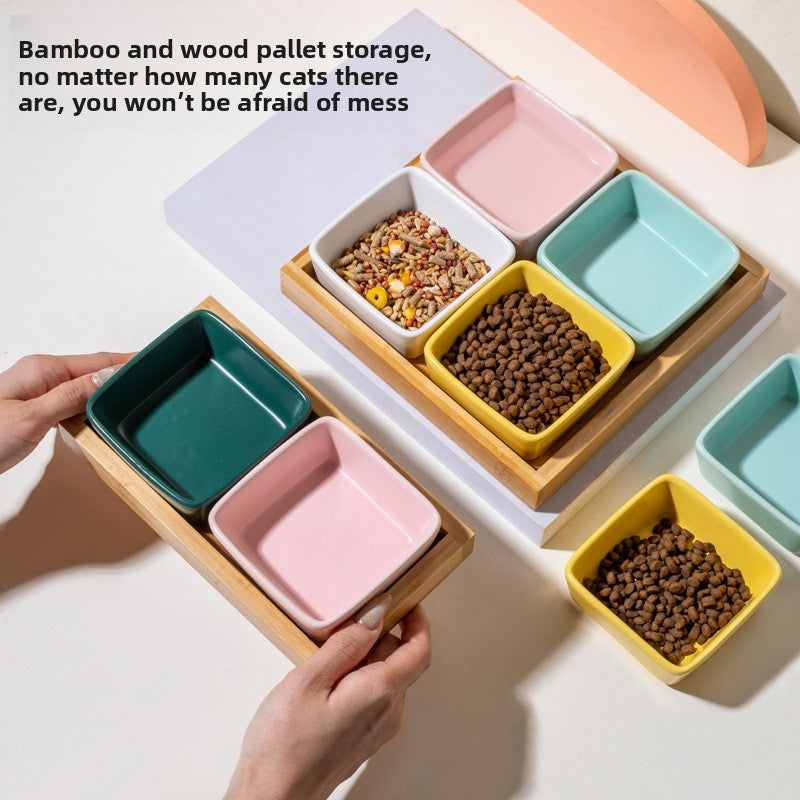 Square Ceramic Pet Bowl with Wooden Tray | Stylish Dog & Cat Feeder