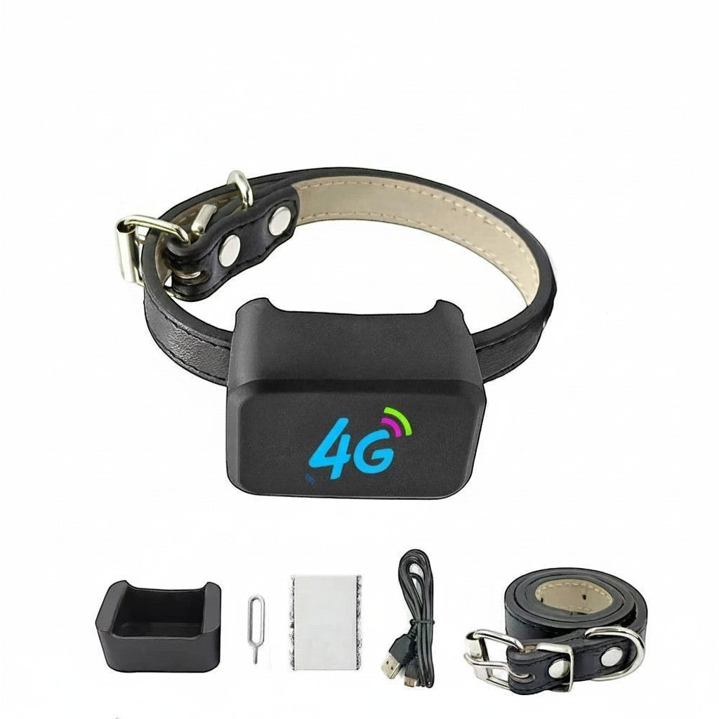 Tailwag Factory 4G GPS pet tracker attached to a black leather collar with charging cable and accessories included.