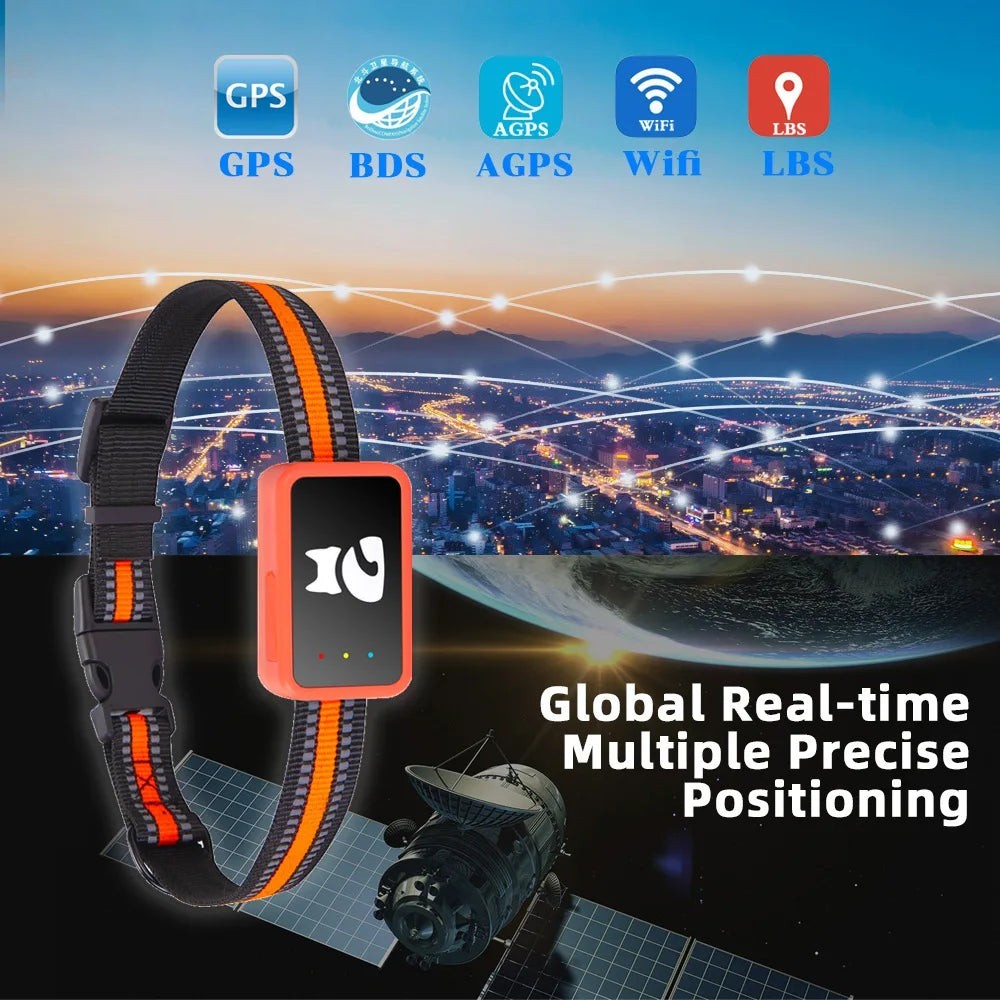 Tailwag Factory 4G smart GPS tracker on a reflective orange and black collar for small pets with global positioning icons.