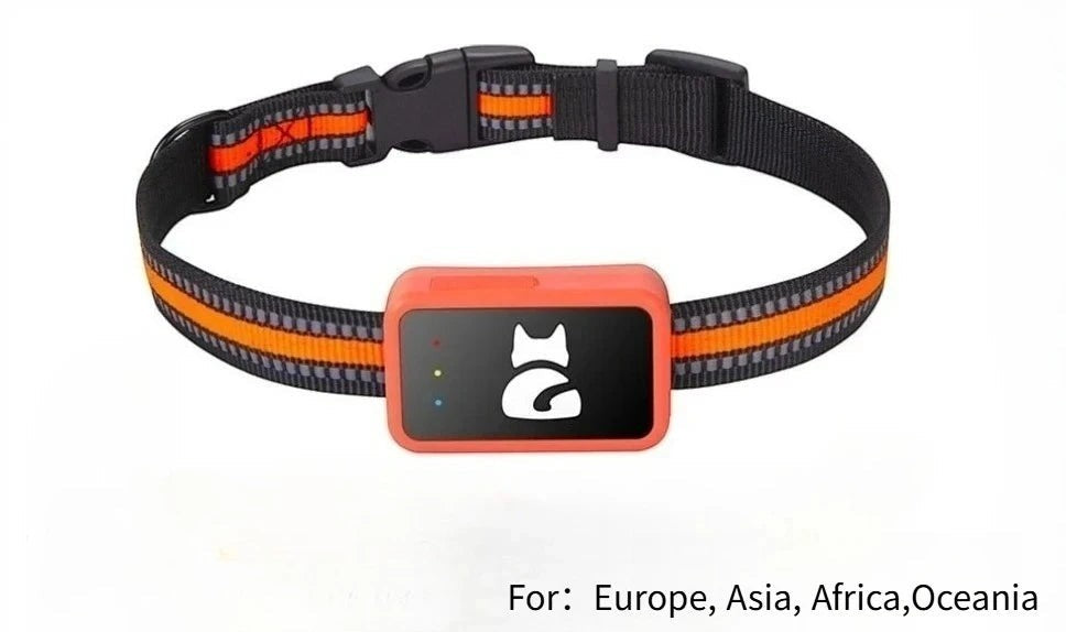 Tailwag Factory 4G GPS tracker for small pets on a black and orange reflective collar with a cat icon display.