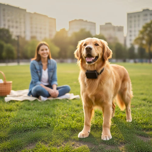 Tailwag Factory 4G GPS tracker on a golden retriever in a park with a woman sitting in the background