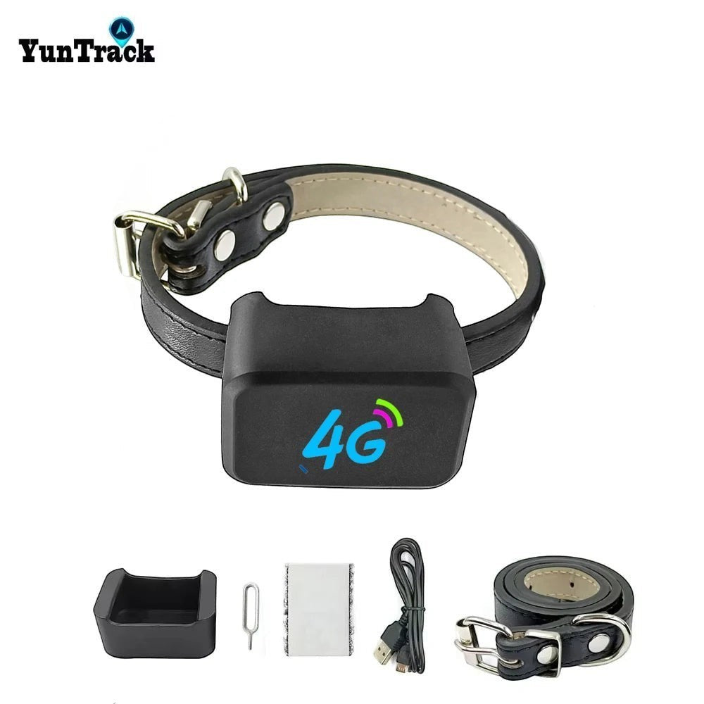 Tailwag Factory 4G GPS pet tracker attached to a black leather collar with charging cable and accessories included.