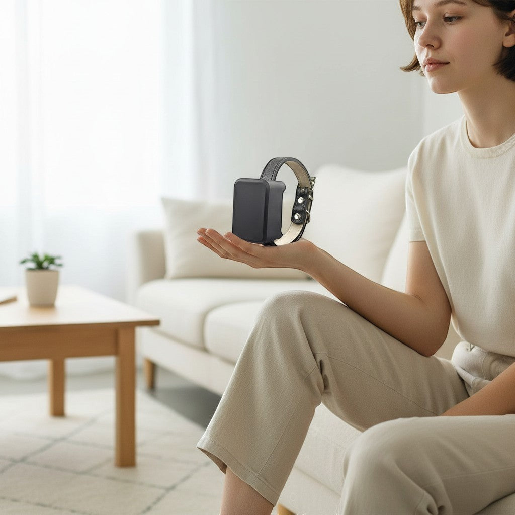 Tailwag Factory 4G GPS pet tracker on a black collar held in a woman's hand in a bright living room setting