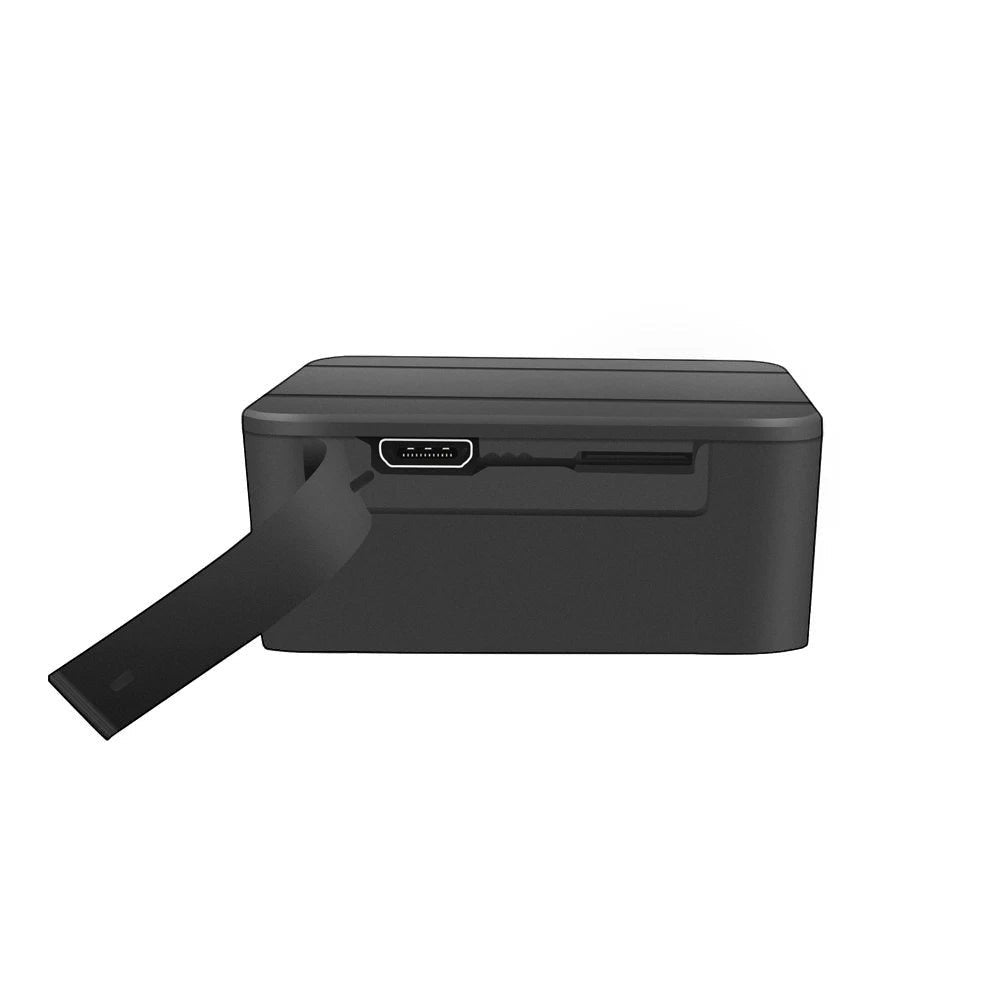 Tailwag Factory 4G GPS pet tracker in black with an open charging port cover, showing a compact, durable design.