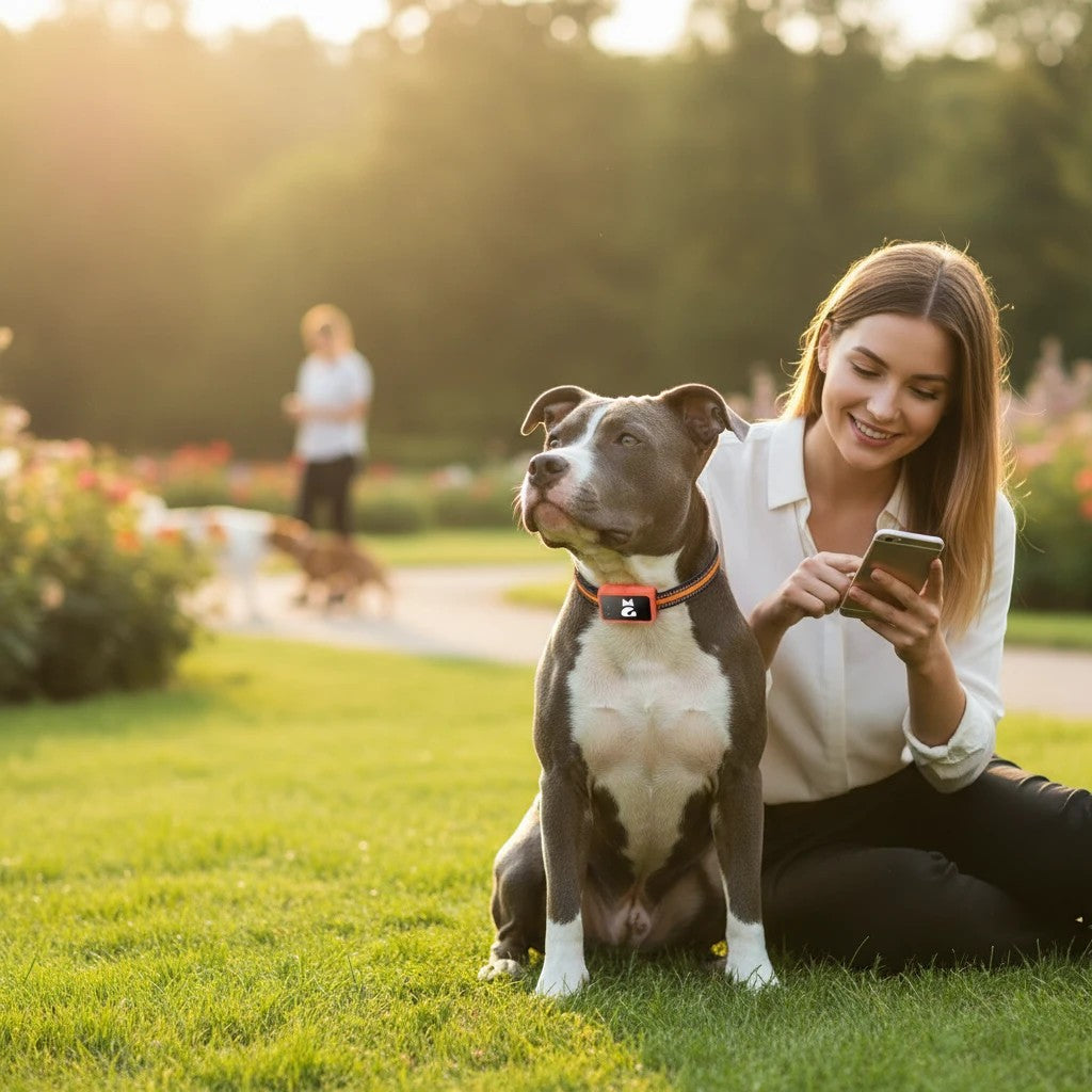 Tailwag Factory 4G smart GPS tracker on a dog collar, worn by a dog with its owner in a sunny park.