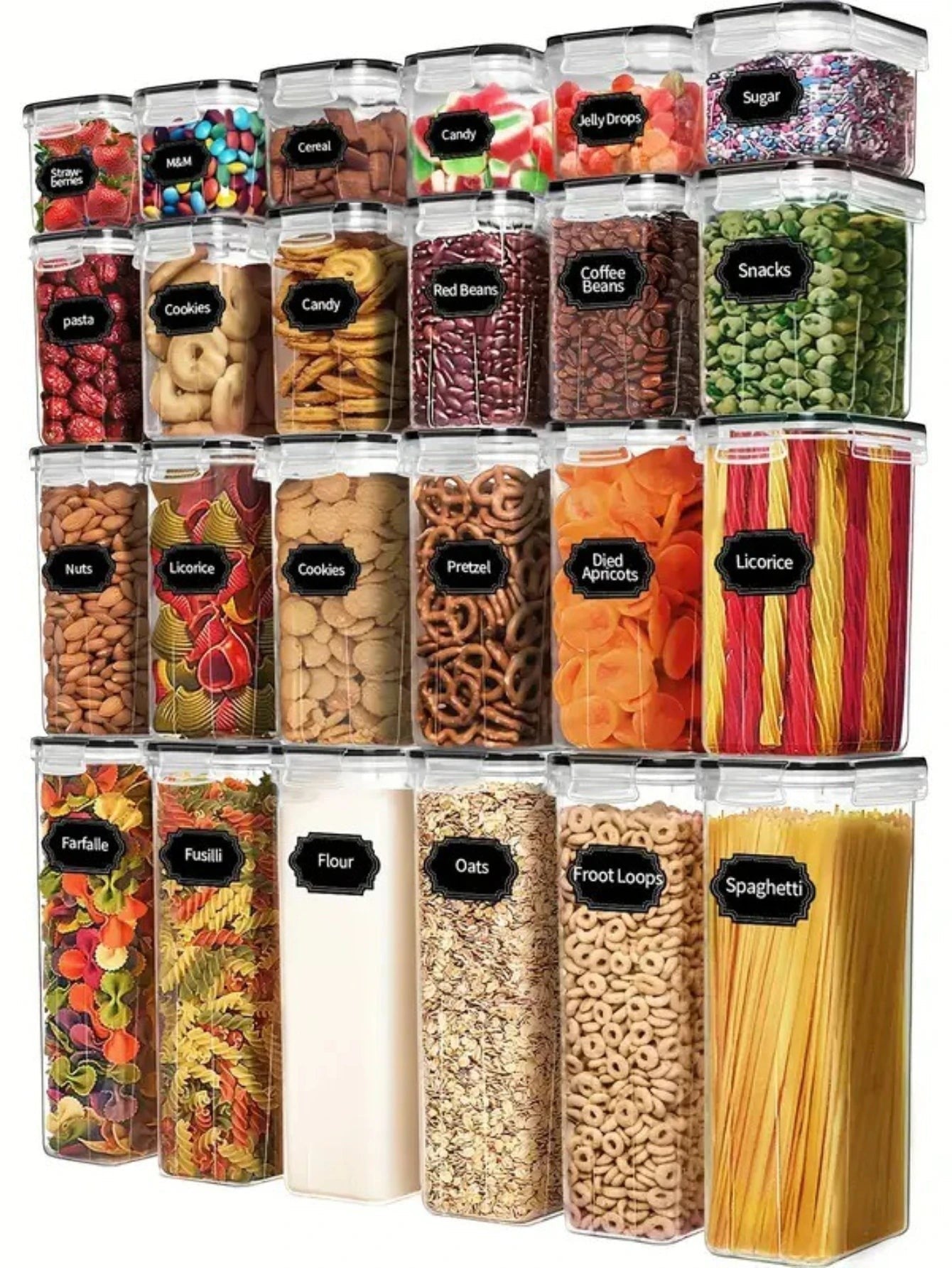 Tailwag Factory 24-piece clear airtight food storage container set with black labels for organized kitchen pantry