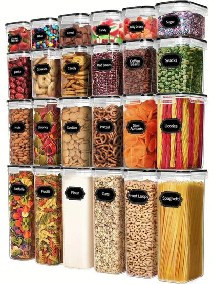 Tailwag Factory 24-piece clear airtight food storage container set with black labels for organized kitchen pantry
