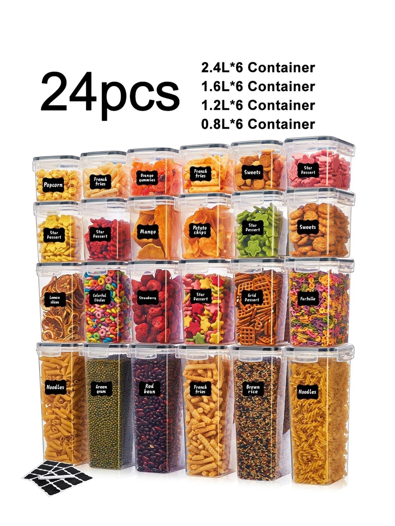 Tailwag Factory 24-piece clear airtight food storage container set with black labels for organized kitchen pantry storage