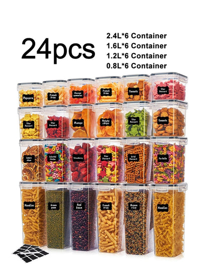Tailwag Factory 24-piece clear airtight food storage container set with black labels for organized kitchen pantry storage