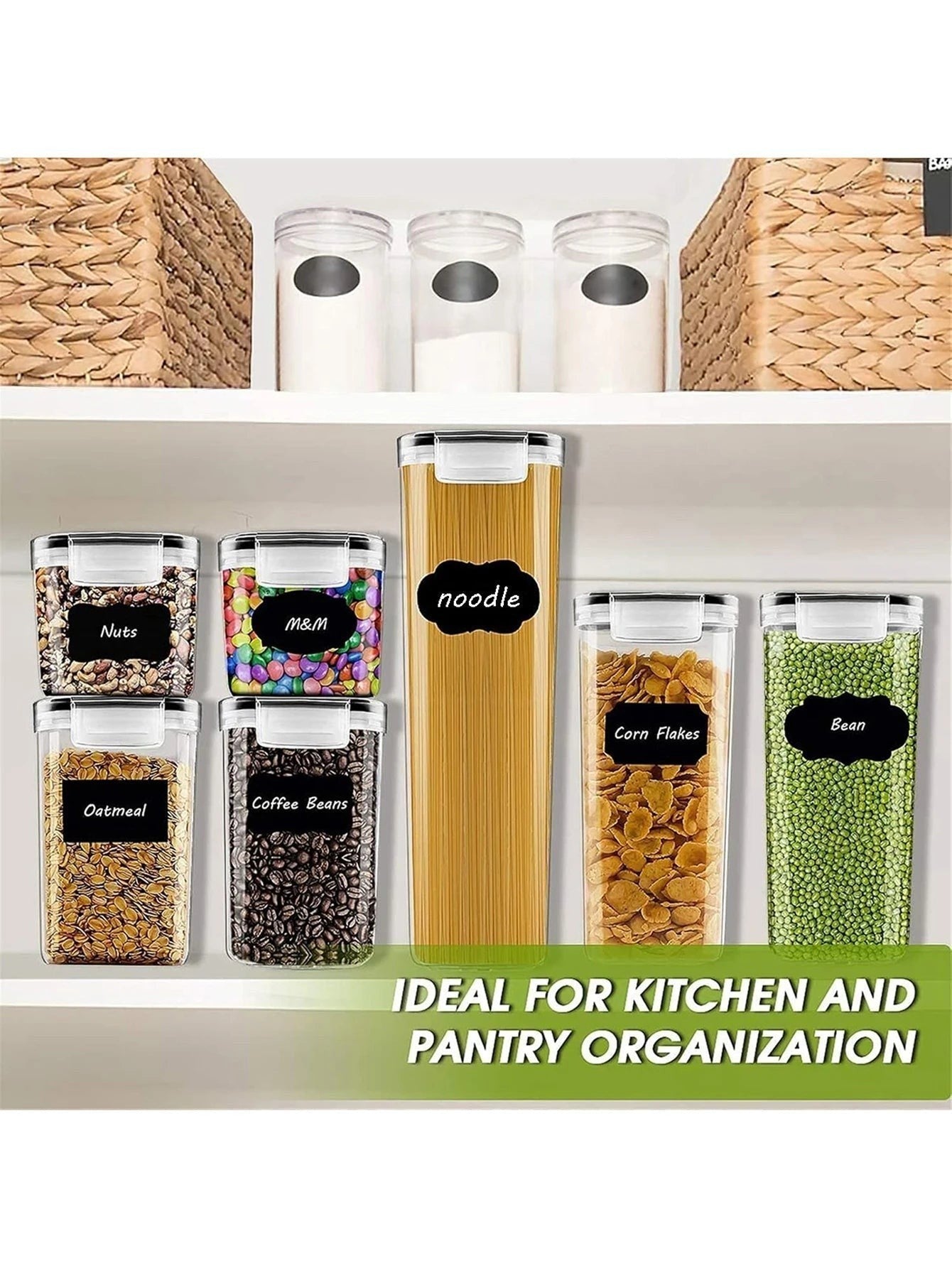 Tailwag Factory 24-piece clear airtight food storage containers with black labels for organized kitchen pantry storage