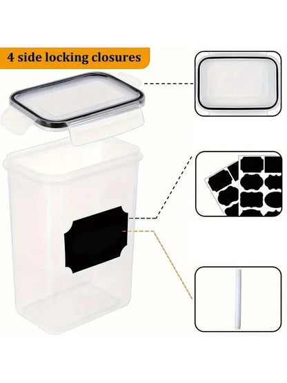 Tailwag Factory 24pcs airtight food storage containers with 4-side locking lids, black labels, and a white marker pen.