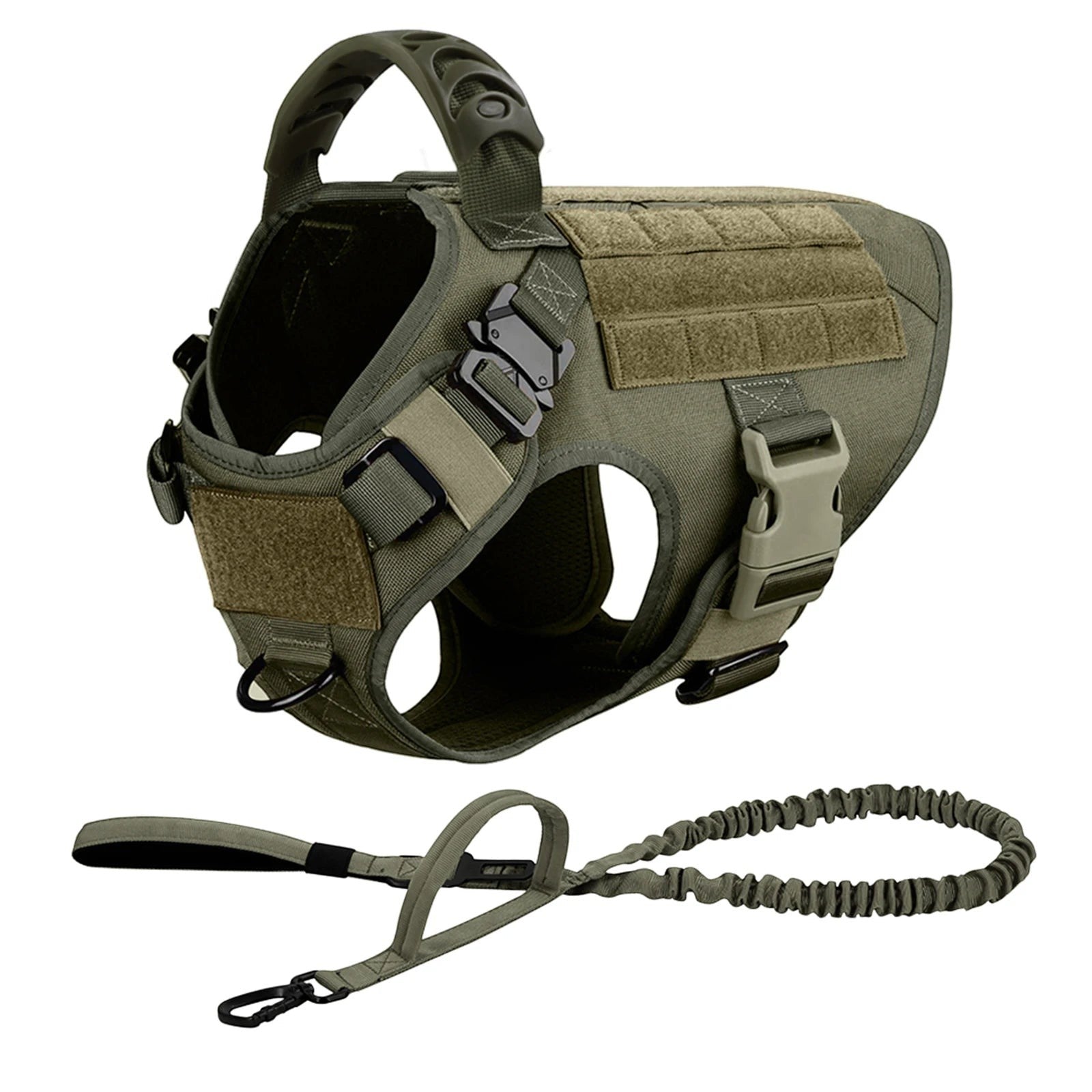 Tailwag Factory army green tactical dog harness and matching bungee leash made from durable 1050D nylon