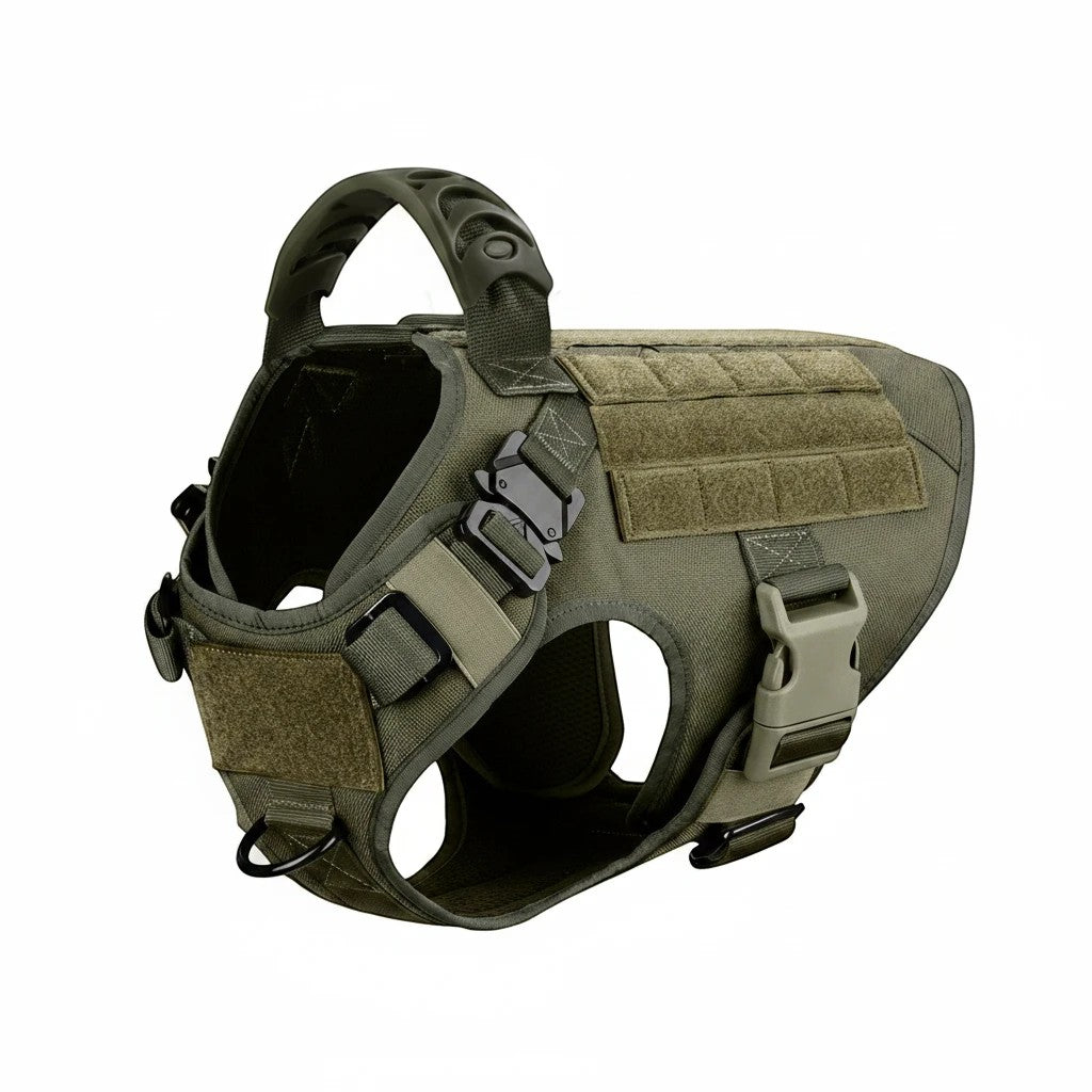 Tailwag Factory army green tactical dog harness with MOLLE panels, reinforced handle, and metal quick-release buckles.