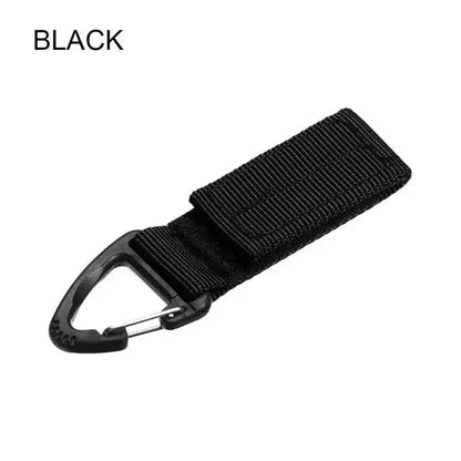 Tailwag Factory black tactical MOLLE key hook clip with durable nylon webbing and a spring-loaded carabiner buckle.