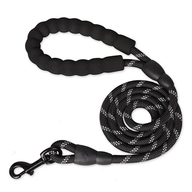 Tailwag Factory black reflective nylon dog leash with a comfortable padded foam grip handle and quick-release clip.