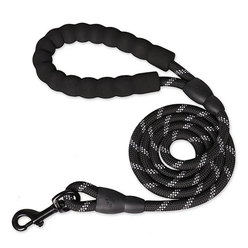 Tailwag Factory black reflective nylon dog leash with a comfortable padded foam grip handle and quick-release clip.