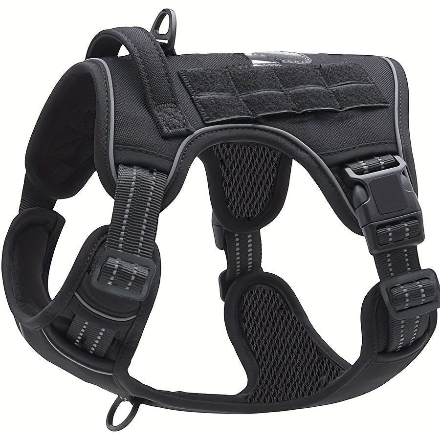 Tailwag Factory black tactical dog vest harness with padded mesh lining, top control handle, and reflective straps.