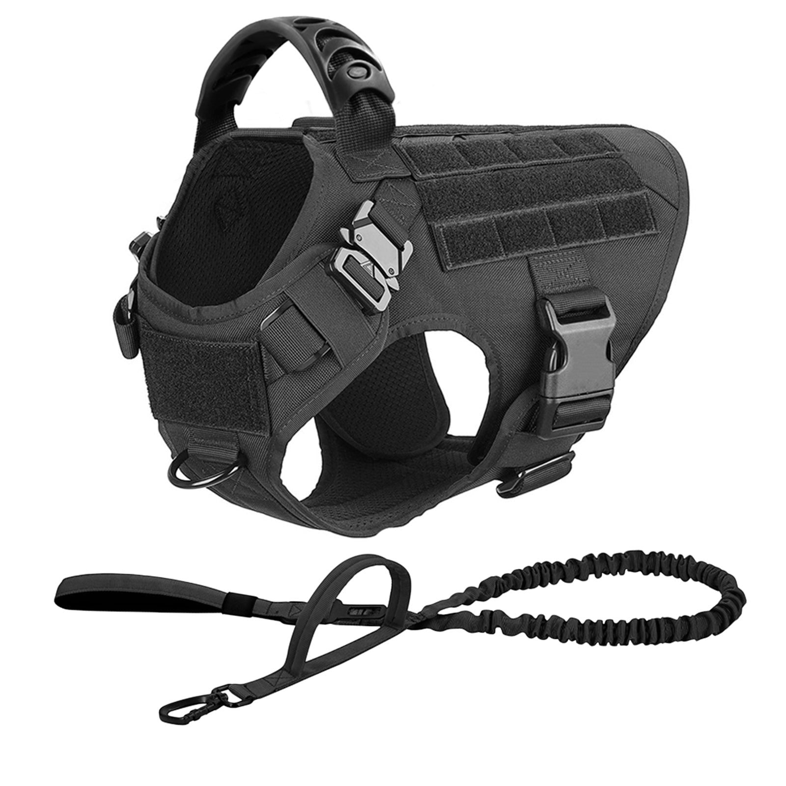 Tailwag Factory black tactical dog harness and leash set made from durable 1050D nylon with metal buckles and handle.
