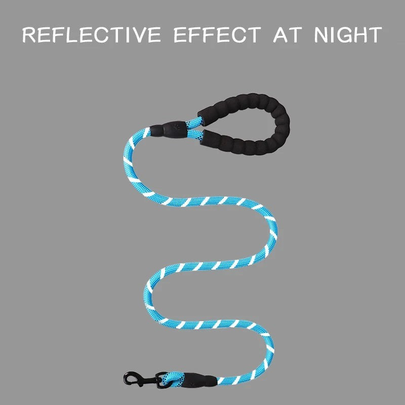 Tailwag Factory blue reflective nylon dog leash with a comfortable black padded foam handle and quick-release clip